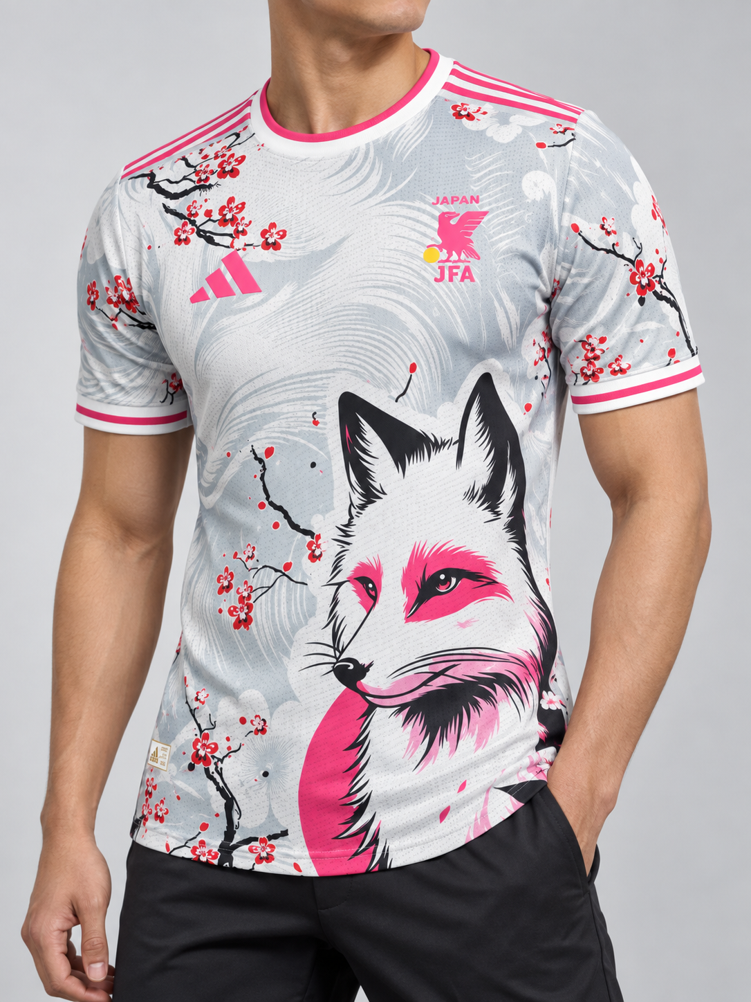 Japan Sakura Kitsune football jersey on model front angle
